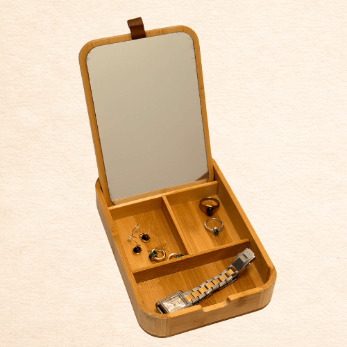 Joyero bambú abierto Caja joyero de bambú con espejo
